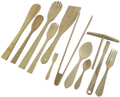 Image de Set de cuisine en bois 12 pièces, hêtre, cuillères, spatules, fourchettes, spatules de cuisine et ustensiles pour barbecue, bois naturel