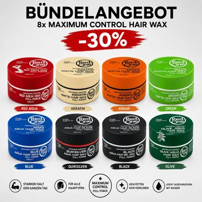 Produktbild von RedOne Hair Wax Mix Set 8x150ml – Aqua Gel Wax & Matte Hair Wax Styling Wachs Set für Männer, starker Halt, Glanz & Matt Finish, Friseur Haarwachs Vorteilspack mit Red, White, Blue, Quicksilver, Green, Black, Orange & Olive