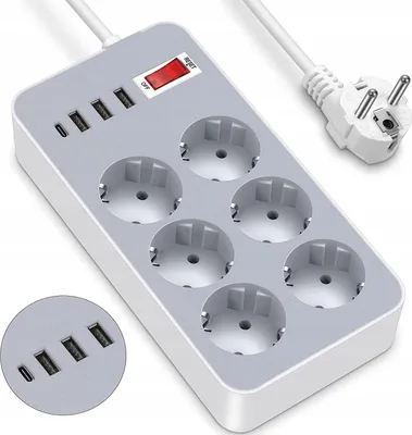 Image de Multiprise 10 en 1 avec 6 prises CA + 3 ports USB A + 1 port USB C avec interrupteur