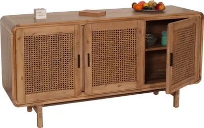 Zdjęcie produktu dla Kredens HWC-M47, komoda z szufladami wysoki kredens, schowki, rattan akacja lite drewno bejcowane 82x160x45cm 38kg