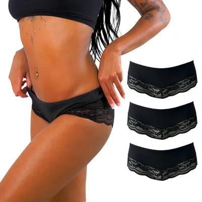 Produktbild von Benonetti Damen Hipster Slips 3er-Set – elegante Unterwäsche mit Spitze, atmungsaktiv & bequem aus Baumwolle (3er Set, Schwarz XL)