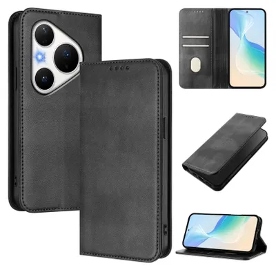 Image de Etui pour Huawei Pura 80 Pro, étui en cuir vintage avec protection RFID, fentes pour cartes, support Noir