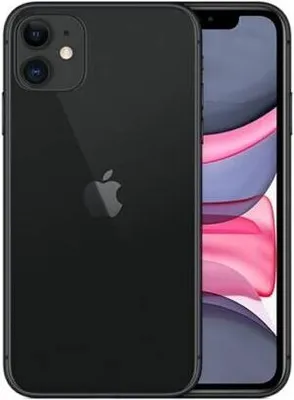 A black iPhone 11 is shown from the back, with the screen visible on the right side.