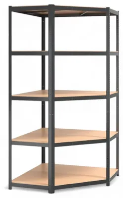 Obrázok produktu pre Rohová regálová zostava z pozinkovanej ocele s 5 drevenými policami, rozmery 40 x 70 x 40 x 90 x 90 x 180 cm, ideálna do garáží a skladov