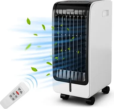 A white and black portable air cooler with leaves and blue air streams emanating from it, and a remote control in the foreground.