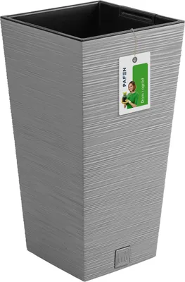 A gray planter with a tag attached.