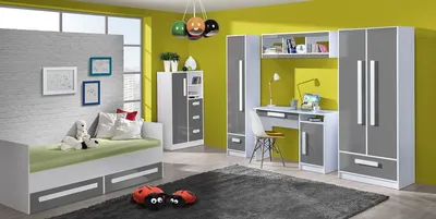 Produktbild von Jugendzimmer Kinderzimmer Komplett - Set B Walter, 6-teilig, Farbe: Grau Hochglanz / Weiß