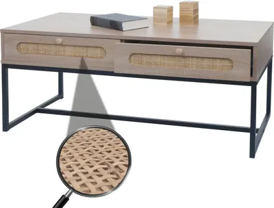 Produktbild von Couchtisch HWC-M41, Wohnzimmertisch Tisch Beistelltisch Sofatisch, Schublade, Kubu Rattan Holz Melamin, Eiche-Optik