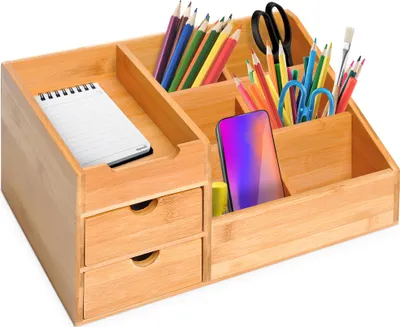 Produktbild von Schreibtischorganizer/Aufbewahrungsbox, Büro-Box mit 2 Schubladen, Natur, 33 × 20,5 × 15,5 cm