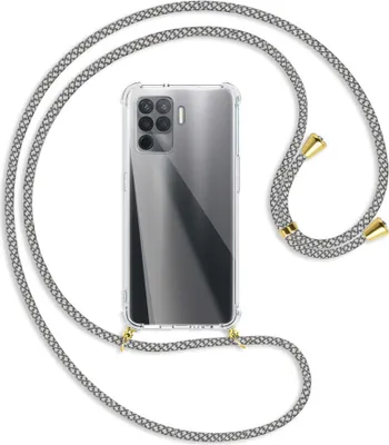 Produktbild von Handykette Backcover-Schutzhülle mit Band (Metall goldfarben) für Oppo Reno5 Lite (CPH2205, 6.43'') - weiß/grau kariert