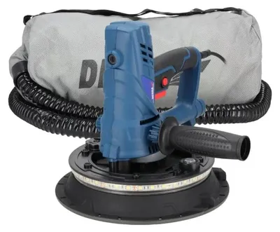 Productafbeelding van Korte, draagbare gipsplaat-schuurmachine 850 W DEDRA DED7770 met LED-verlichting, Ø225 mm, schuurplaat, LED-verlichting, toerental- en zuigkrachtregeling, werkt met stofzuiger, geïntegreerd stofafzuigsysteem