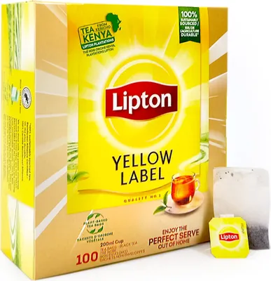 A box of Lipton Yellow Label tea bags with individual tea bags shown.