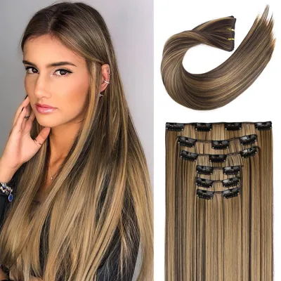 Produktbild von Clip-in Haarverlängerungen 6er Set 61 cm glatt synthetisch Dunkelbraun mit Schmutzblond