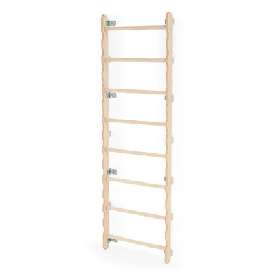 A wooden wall-mounted climbing frame for children, shown against a white background.