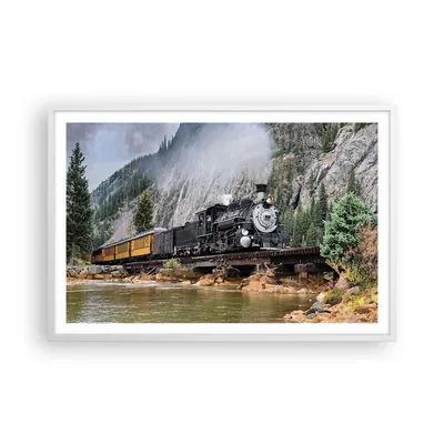 Produktbild von Gerahmtes Poster - Weißer Rahmen - Alt Lokomotive Berge - 91,5x61 cm - Wand Bild - Wanddeko - Wandbilder - Kunstposter - Wandposter - Bilderrahmen - Bilder - Kunstdruck - P2WAA91x61-4581