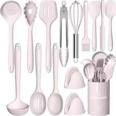 Image de set de 15 ustensiles de cuisine en silicone avec porte-ustensiles, ustensiles de cuisine antiadhésifs, lavables au lave-vaisselle - Kaki