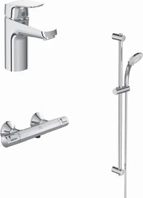 Produktbild von Ideal Standard Armaturen-Paket Ceraflex BD012AA Chrom (Enthält Waschtischarmatur, Brausethermostat Aufputz, Brausekombination und Fliesenausgleich)