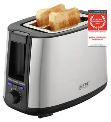 Produktbild von TZS First Austria 2 Scheiben Toaster, Selbstzentrierfunktion, 7 Bräunungsstufen, Auftau- und Aufwärmfunktion,  Brötchenwärmer, 650-750W