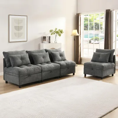 Produktbild von Modulares 4-Sitzer Sofa mit Stauraum unter allen Sitzkissen, Schlaffunktion & Chenille-Bezug, frei kombinierbares Wolken-Modulsofa, antik Grau, 274x76x87cm