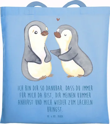 Produktbild von Mr. & Mrs. Panda Schultasche Pinguine trösten - Sky Blue - Geschenk, Tote Bag, Jahrestag, für Partner, Freundin, Valentinstag, dokumententasche, Tasche, Frauen, Uni
