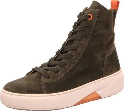 A single green high-top sneaker is shown against a white background.