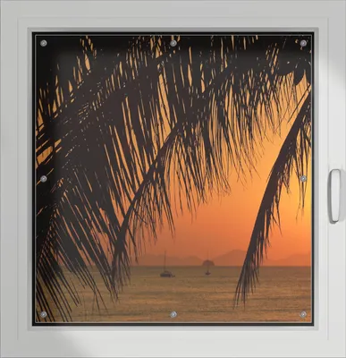 Produktbild von Wallario Lichtschutzbild, Dekorativer Sichtschutz Sonnenschutz 96 x 93 cm mit Motiv: Sonnenuntergang unter Palmenblättern - Verdunklung ohne Bohren