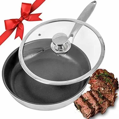Produktbild von Famanu Bratpfanne mit Deckel - 10 Zoll rostfreier Edelstahl, antihaftbeschichtet