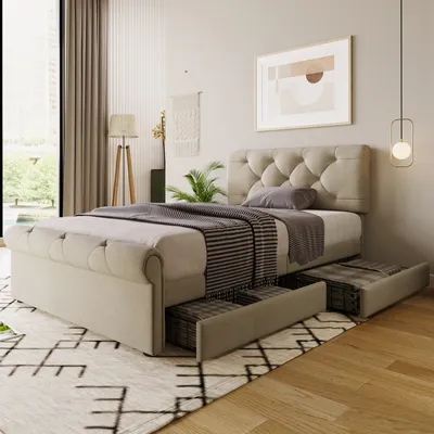 Produktbild von MODFU Polsterbetten 140x200cm Doppelbett mit 4 Schublade, Inklusive Matratze, Natürlich