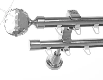 Produktbild von Innenlauf Edelstahl Look Gardinenstange 20mm Wandträger 2-läufig Kristall Kugel H60 E87E30 II