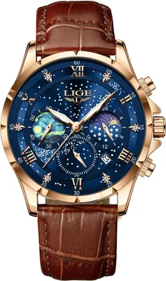 Produktbild von Watch, Edelstahl Wasserdicht Analog Mondphase Quarz Herrenuhr Chronograph Lederarmband Watches for Men Mit Datum Leuchtende Herrenarmbanduhren