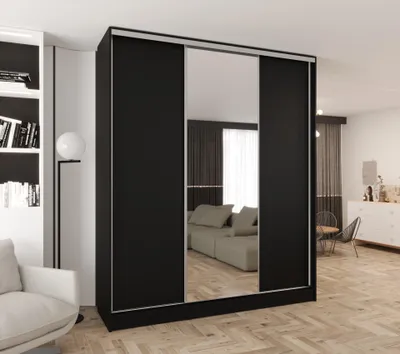 Produktbild von Schwebetürenschrank 3-türig 150x250x58 cm schwarz mit 1 Spiegel – Moderner Kleiderschrank für Schlafzimmer und Flur