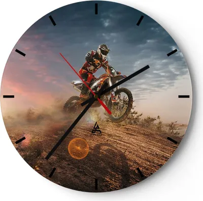 Produktbild von Wanduhr - Rund - Glasuhr - Motor Reiten Helm - 30x30cm - Schleichendes Uhrwerk - Lautlos - zum Aufhängen bereit - Dekoration Modern - Wanddekoration aus Glas - C3AR30x30-3475