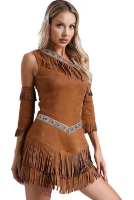Produktbild von Damen Kostüm Gr. 4XL Kleid mit Fransen & Ärmel – Verkleidung Karneval Halloween Party Fasching Boho Vintage Kostüm