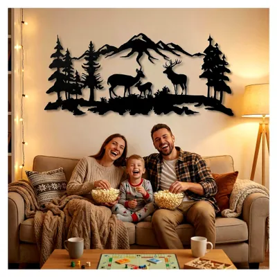 Produktbild von Metallische Wanddekoration, Hirschfamilie, Wandskulptur, Innenbereich, 100 x 44 cm (B x H)