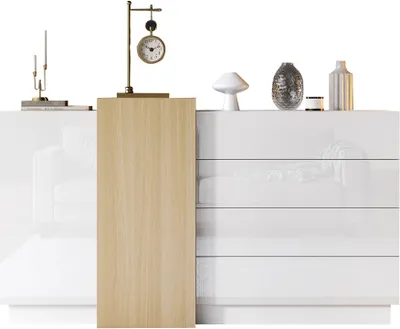 Produktbild von Hochglanz-Sideboard 160x37x75 cmEsszimmerschrank Weiss Moderner mit Stauraum Minimalistischer Holzfarbener Aufbewahrungsschrank
