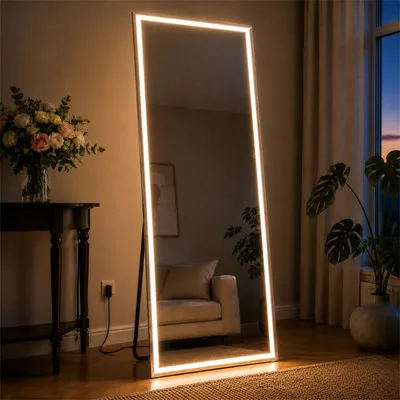 Productafbeelding van ZMH Volledige spiegel met verlichting, 3 lichtkleuren, touchschakelaar, wandspiegel, 150x40cm, vrijstaand, met geheugenfunctie, witte rand