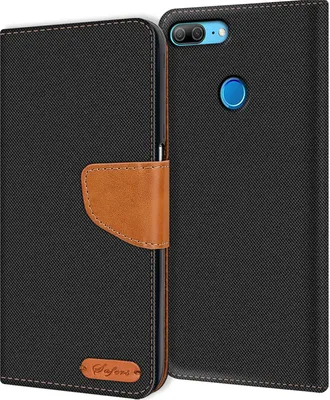 A black flip case wallet for a phone is shown open, revealing the phone inside.