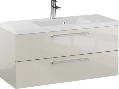 Produktbild von FURNI Waschtischunterschrank RON 100 cm - Kaschmir - Hängender Badschrank mit Mineralguss - Waschbecken - Griffe Chrom - Vormontiert