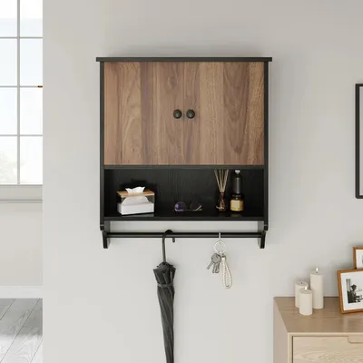 Produktbild von Wandmontierter Badezimmerschrank aus Holz - Hängeschrank mit Handtuchhalter - Verstellbarer Einlegeboden - Für Küche und Waschküche - Schwarz