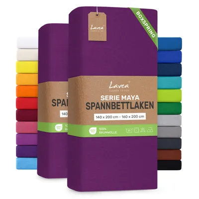 Produktbild von Lavea® 2er Pack Spannbettlaken 140/160x200 cm, Jersey Bettlaken 100% Baumwolle – Boxspringbetten, Wasserbetten, Matratzen bis 35 cm – Fliederlila