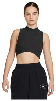 Image de T-shirt sans manches Nike pour femmes, collection Sportswear, modèle Chill Knit, col montant ajusté, motif côtelé, coupe courte, taille S