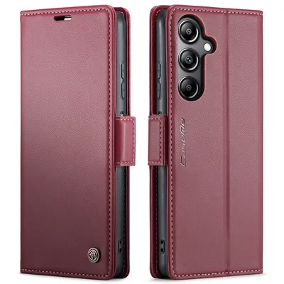 A product shot of a red leather phone case with a wallet and card holder.