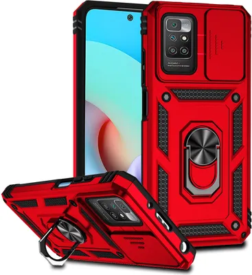 Image de Étui pour Xiaomi Redmi 10 étui double couche avec couvercle coulissant pour appareil photo et anneau de support rouge