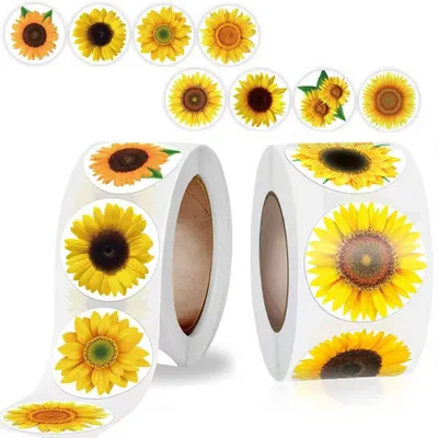 Sonnenblumenaufkleber, 1000 Stück, 2,5 cm, 8 Motive, Rolle