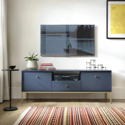 Productafbeelding van RAVIO TV-kast Bari RTV154, TV-meubel met lade en 2 deuren, Hi-Fi meubel met metalen poten (donkerblauw + gouden poten)