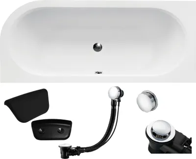 Produktbild von BADLAND Eckbadewanne Rechteck Badewanne Avita LINKS 150x75 mit Ablaufgarnitur und Füßen + Badkissen Schwarz KODI | BADLAND AVITA