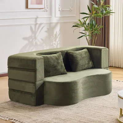 Produktbild von okwish Klappsofa mit zwei Kissen,gebogenes Design, klassisches Sofa mit Schlaffunktion, ohne Montage, Schlafsofa in Grün
