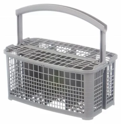A grey dishwasher cutlery basket with a handle in the middle, shown against a white background.