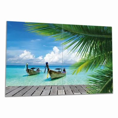 Produktbild von Wallario Herdabdeckplatte aus Glas, Größe 80 x 52 cm 2-teilig, Motiv Sonnenboot in der Karibik