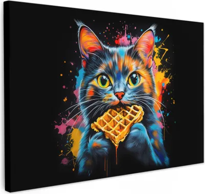 Produktbild von Leinwand Bilder 120x80 cm - Graffiti - Katze - Waffel, Wandbilder, Wanddeko Wohnzimmer, Bild